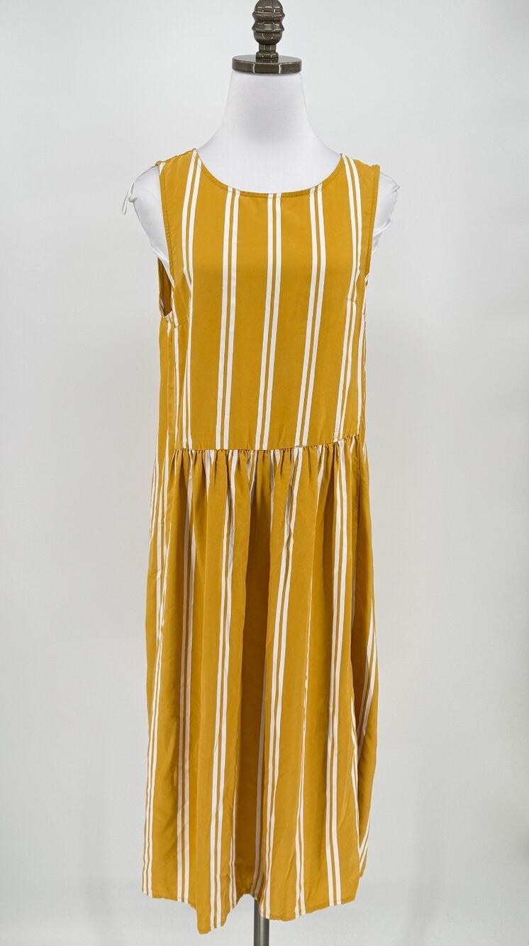 Sancia Anthropologie Mustard Yellow Striped Sleeveless Midi Shift Dress Sz M